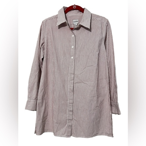 Chico’s Striped Button up Shirt Long Sleeve Cuffed red white stripe size 2 Large - Picture 1 of 11